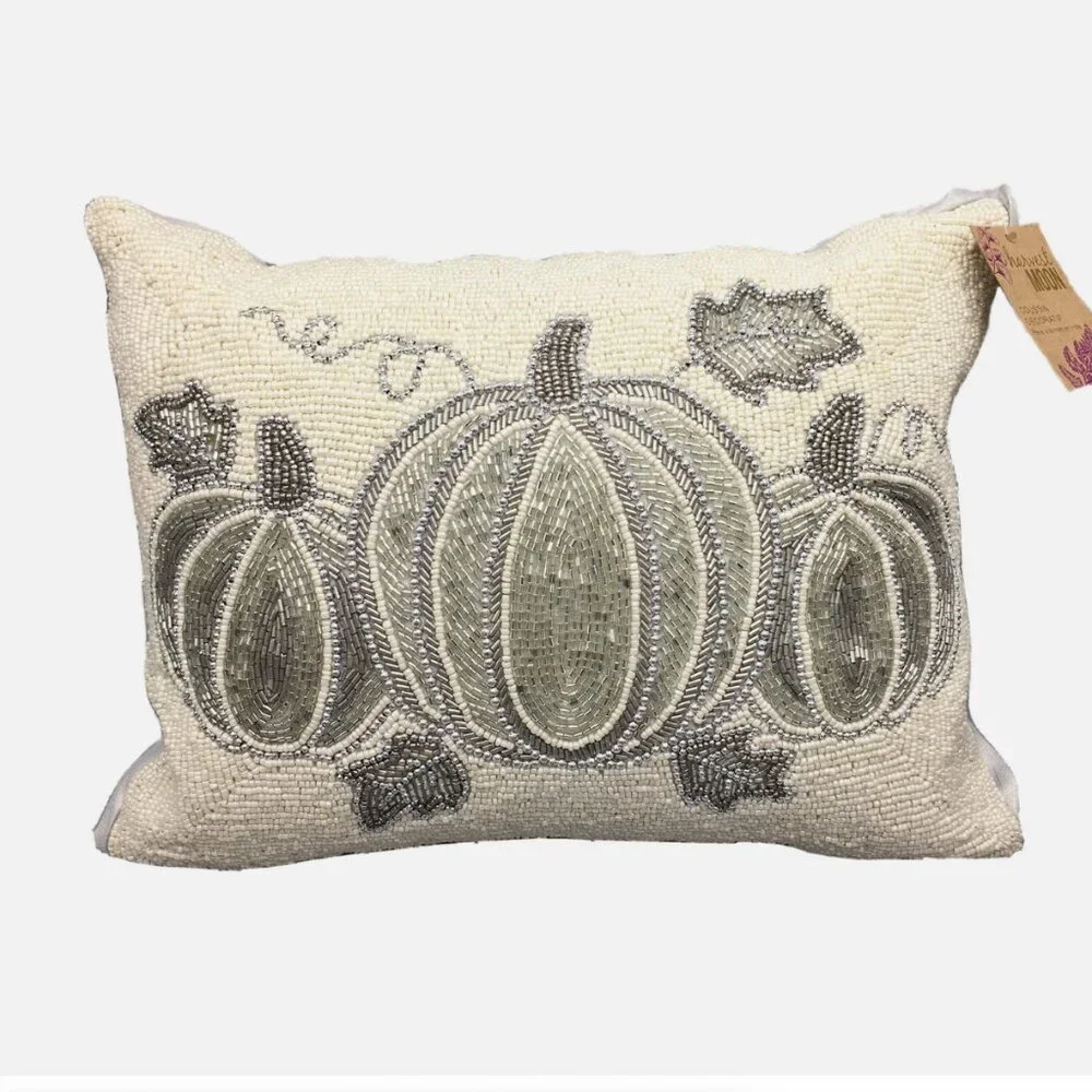 NEW Harvest Moon Beaded Silver Pumpkin Decorative Accent Pillow Fall Decor 12x16
